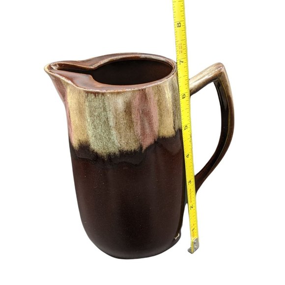 Brown Drip Redware Pitcher  w Ice Lip Color Splash Pink Green Glazed Terracotta - Picture 3 of 9